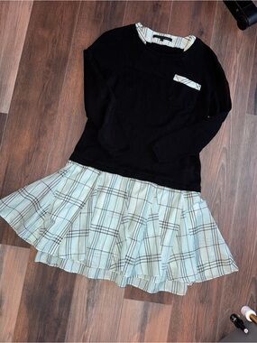 Classic Black Knit Dress with White Plaid Skirt